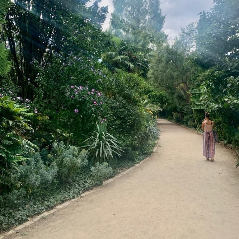 Lisa Sofie Zelgin geht einen sonnigen Gartenweg entlang, von hinten gesehen
